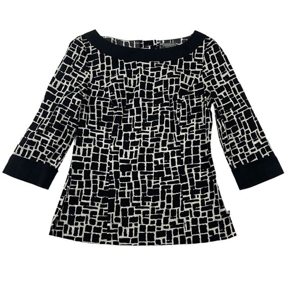 Ann Taylor Black White Geometric Print Blouse Boat Neck Side Zip Back Buttons 4 - Picture 1 of 12